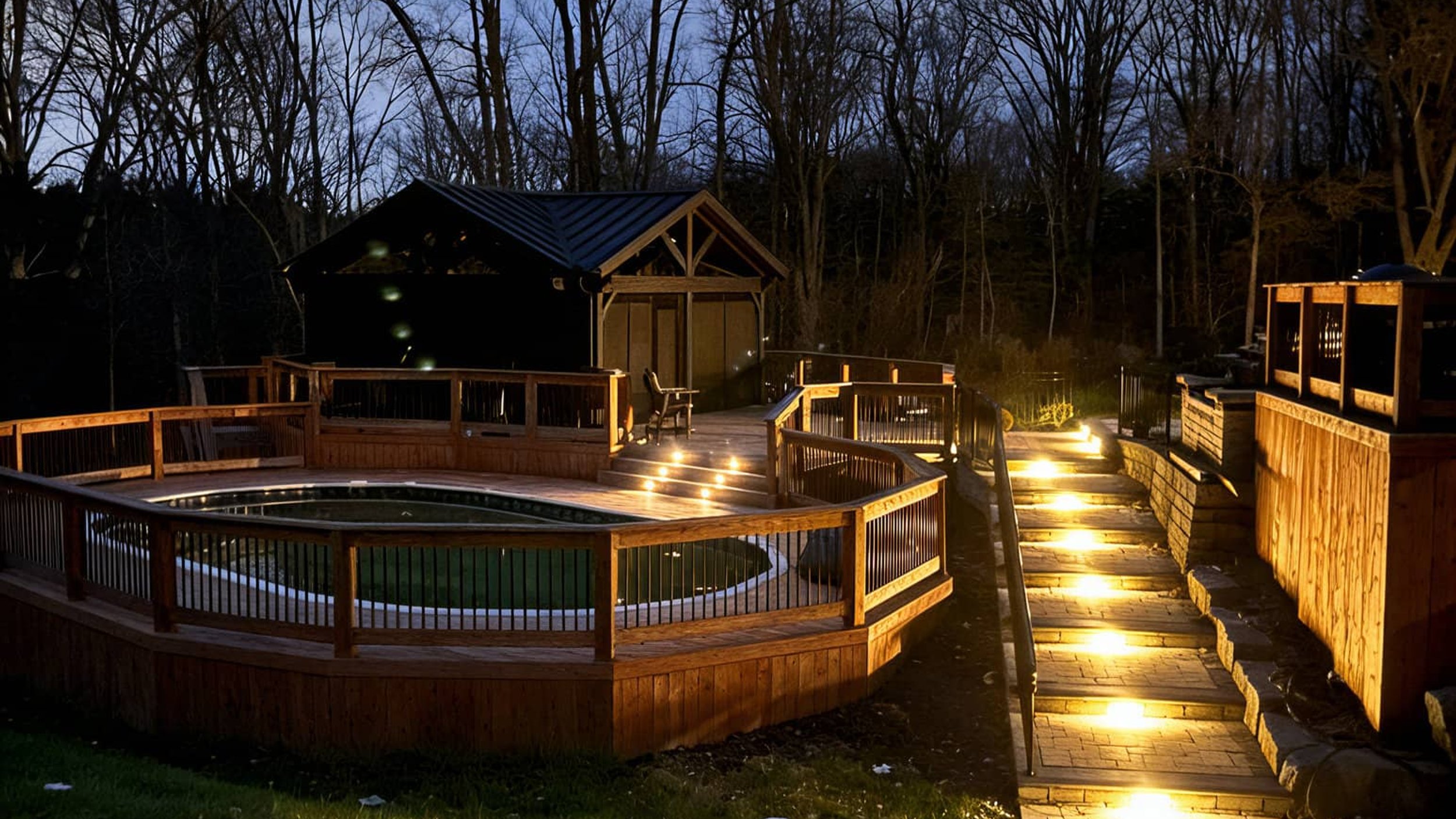 Cedar deck with above-ground pool and lit pathway at dusk