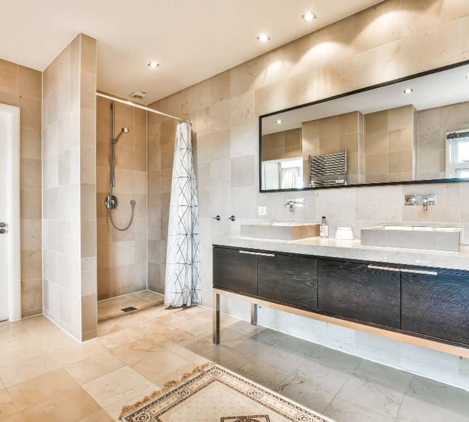 Renovated bathroom with double vanity